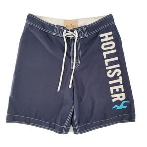 Hollister Men's M Blue Swim Trunks Bermuda Mesh Lined Drawstring Shorts Spellout